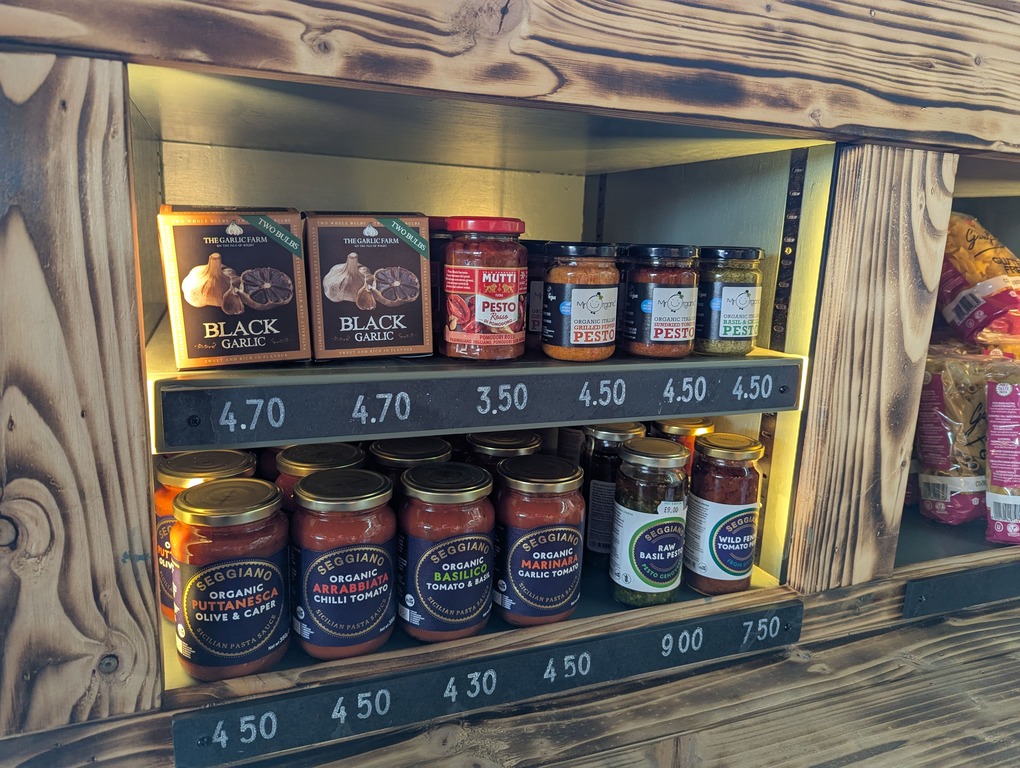 Artisan preserves and chutneys with price labels