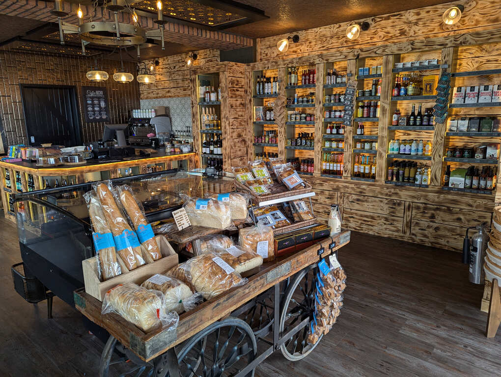 Interior showing shelves stocked with produce